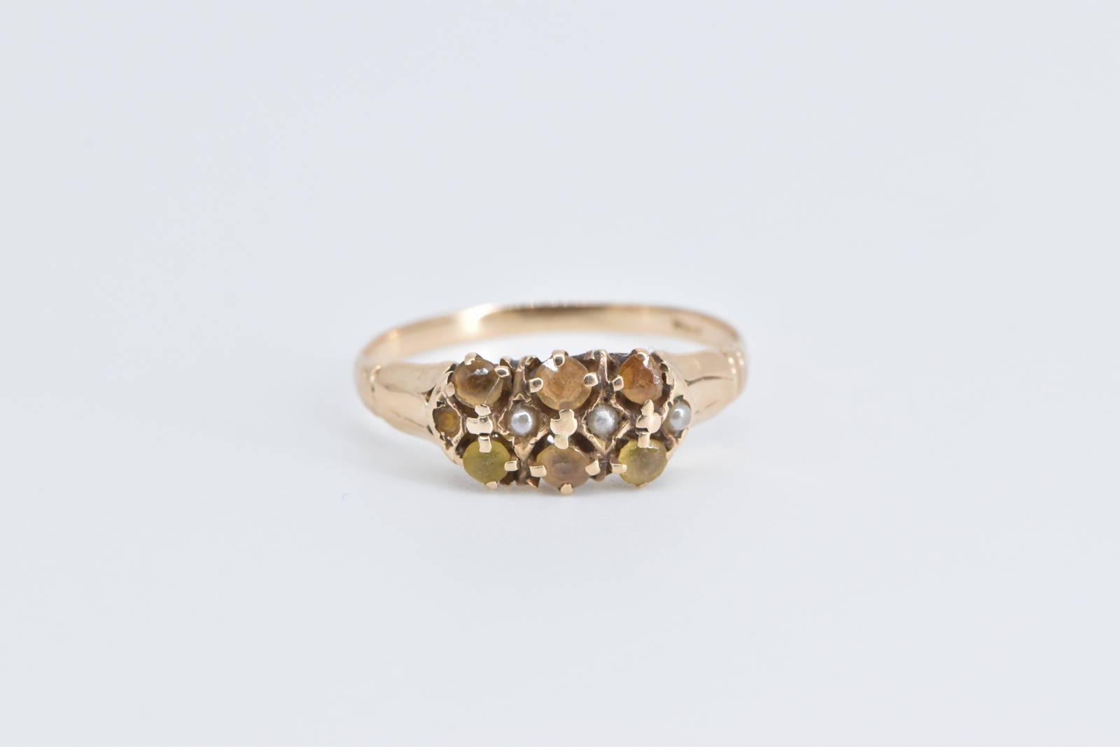 14K Victorian Citrine Seed Pearl Squared Band Yellow Gold Ring, Size 7