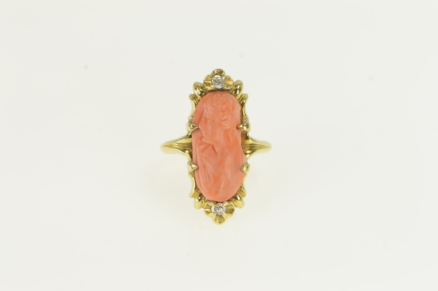 14K Victorian Coral Diamond Accent Ornate Yellow Gold Ring, Size 7