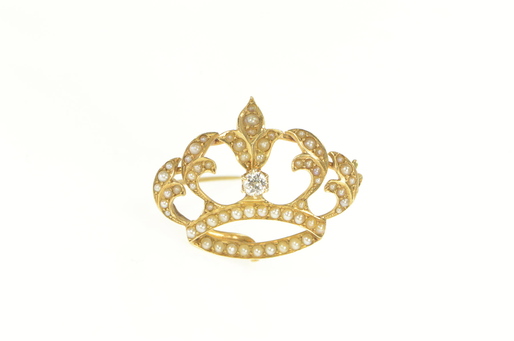 14K Victorian Diamond Seed Pearl Crown Yellow Gold Pin/Brooch
