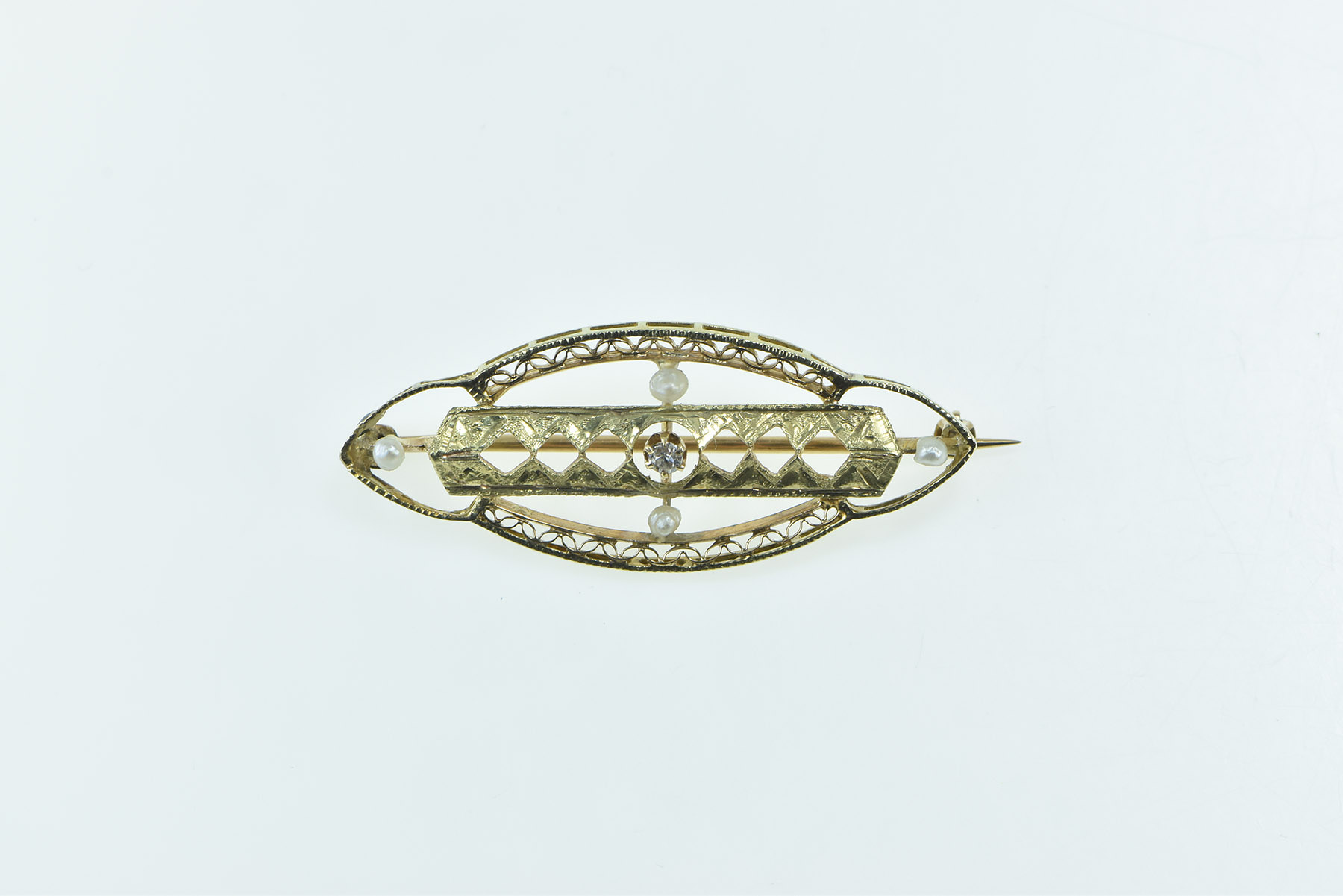 14K Victorian Filigree Ornate Seed Pearl Oval Yellow Gold Pin/Brooch