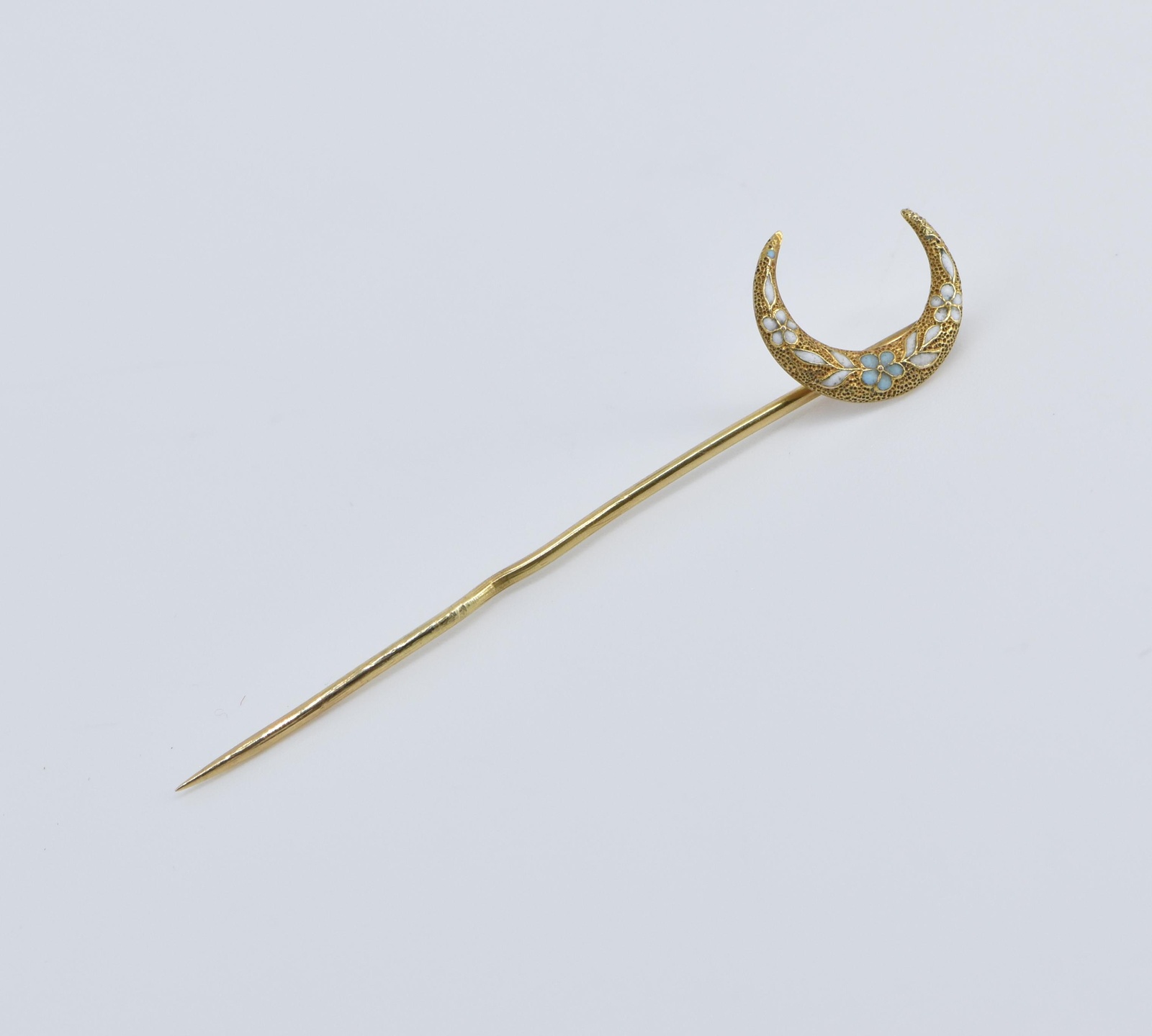 14K Victorian Floral Enamel Crescent Moon Yellow Gold Stick Pin