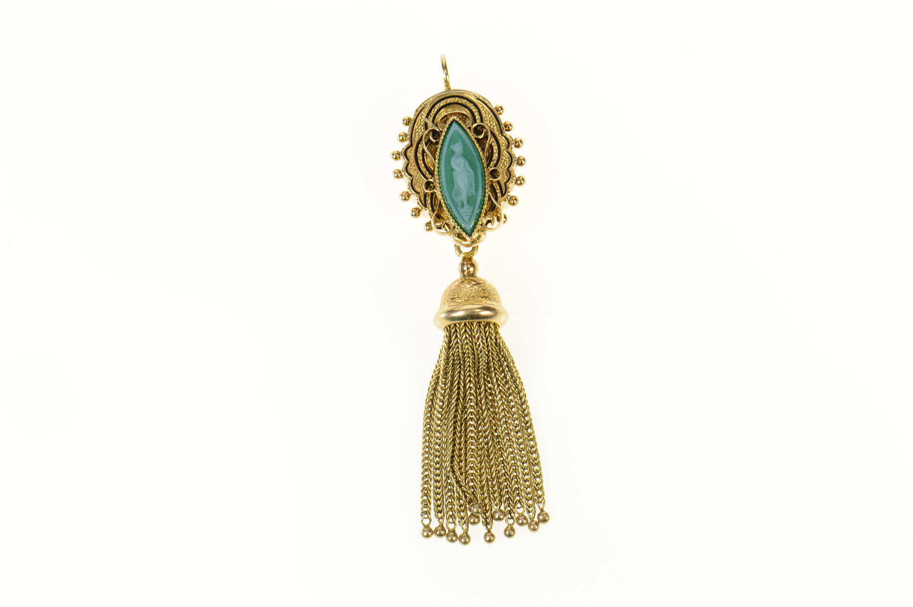 14K Victorian Fringe Tassel Agate Lady Cameo Yellow Gold Pendant