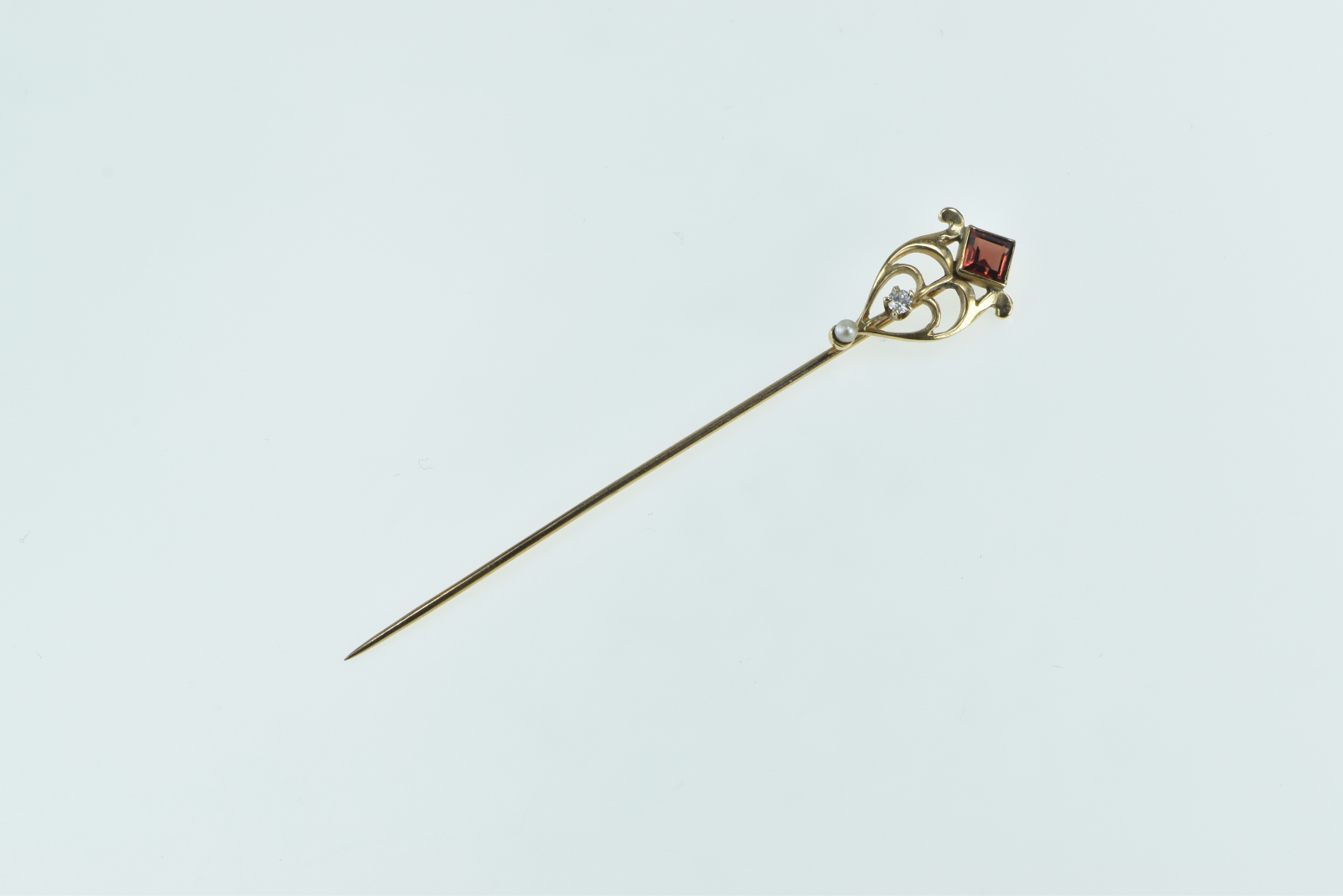 14K Victorian Garnet Diamond Seed Pearl Ornate Yellow Gold Stick Pin