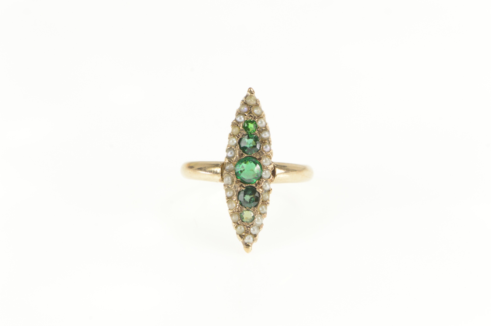14K Victorian Marquise Emerald Seed Pearl Navette Yellow Gold Ring, Size 5.25