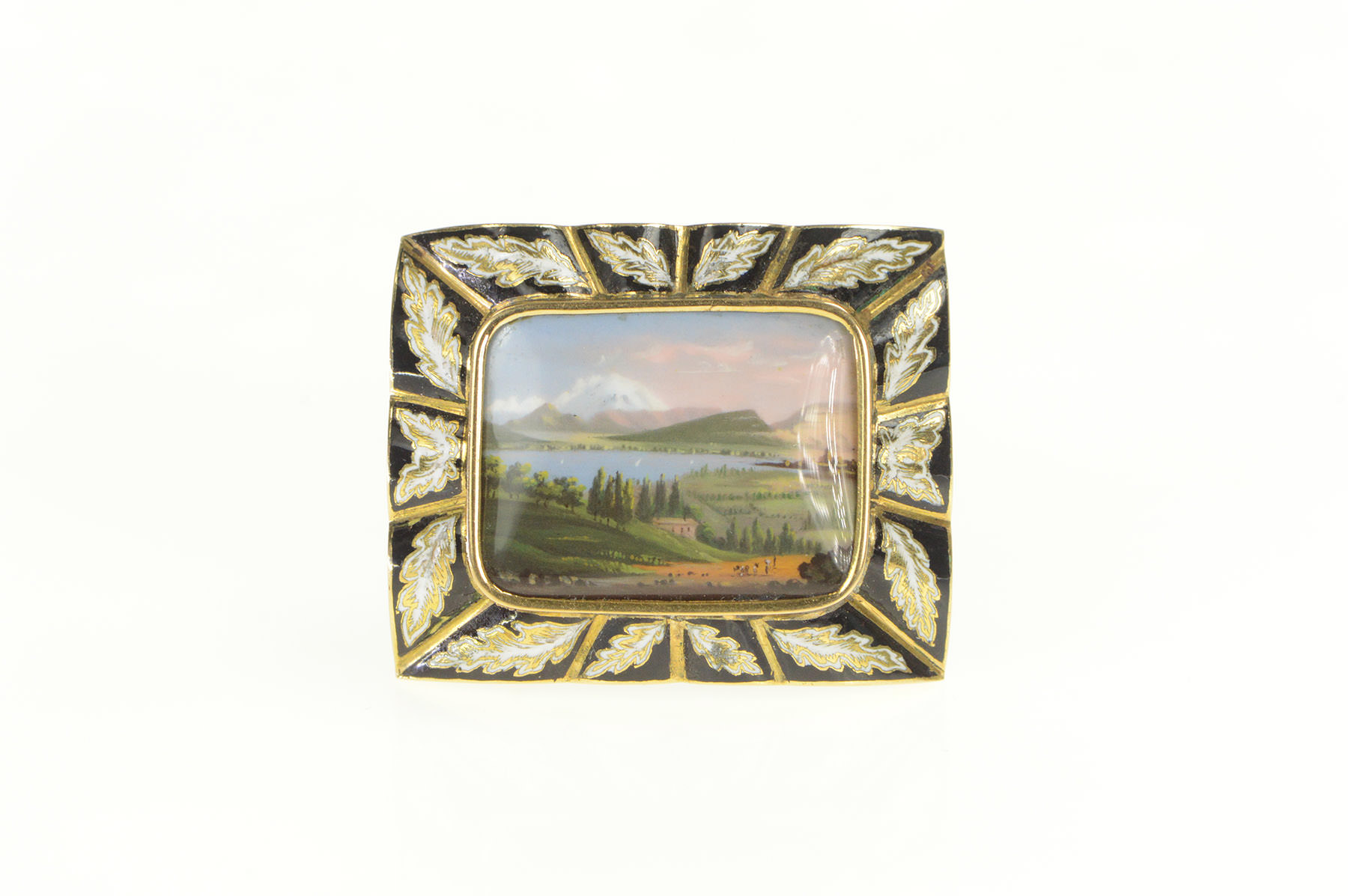 14K Victorian Mountain Valley Hand Painted Enamel Yellow Gold Pin/Brooch