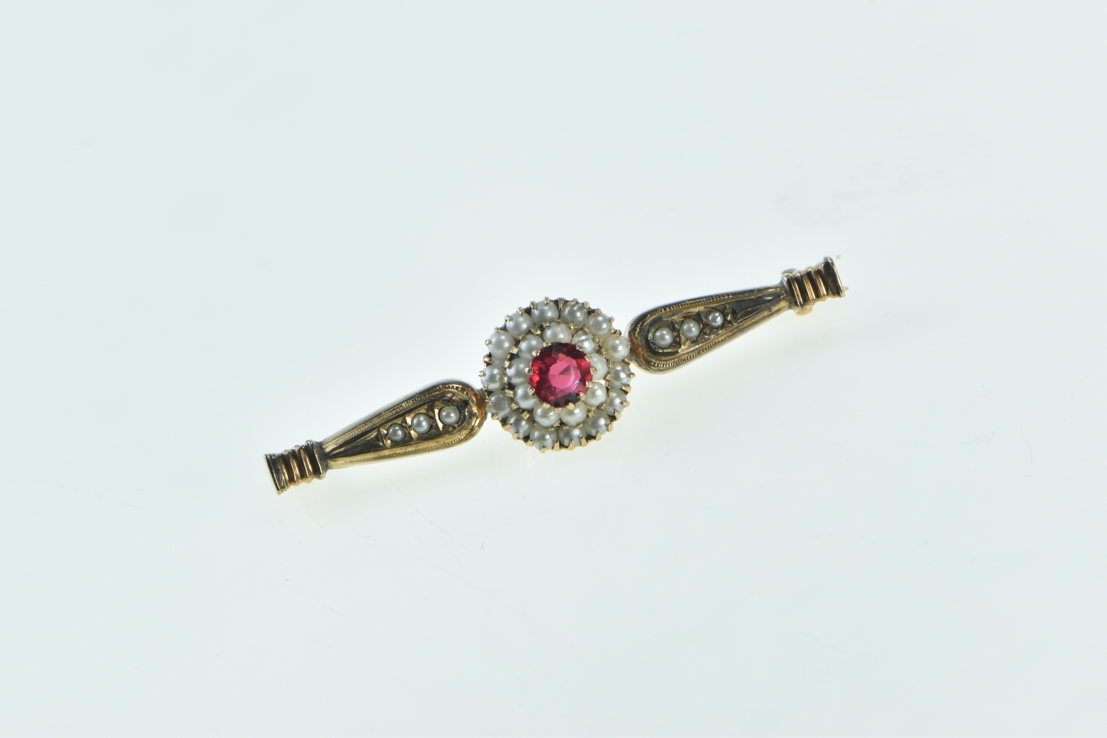 14K Victorian Ornate Garnet Seed Pearl Bar Yellow Gold Pin/Brooch