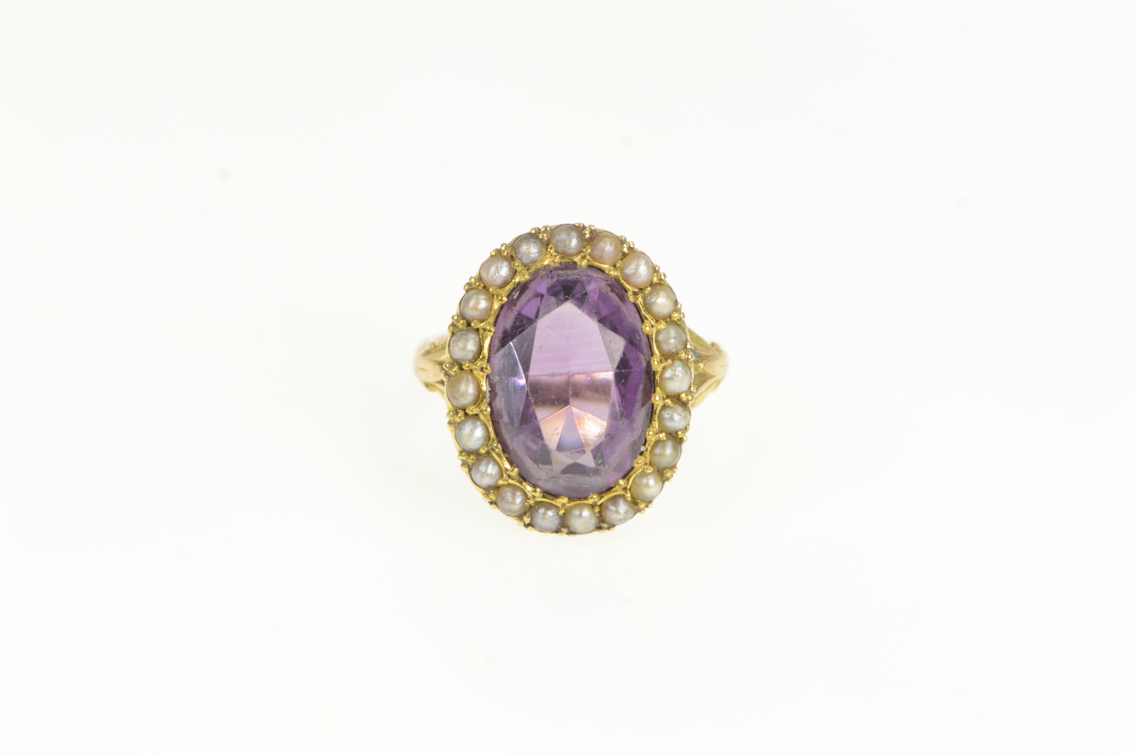14K Victorian Oval Amethyst Seed Pearl Cocktail Yellow Gold Ring, Size 2.5