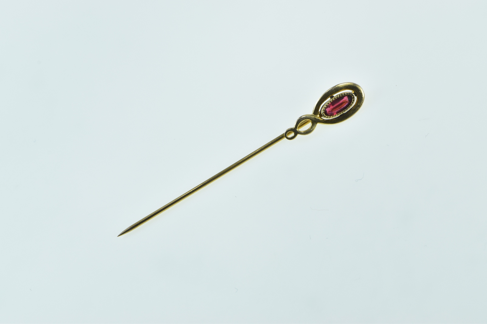 14K Victorian Oval Syn. Ruby Swirl Spiral Yellow Gold Stick Pin