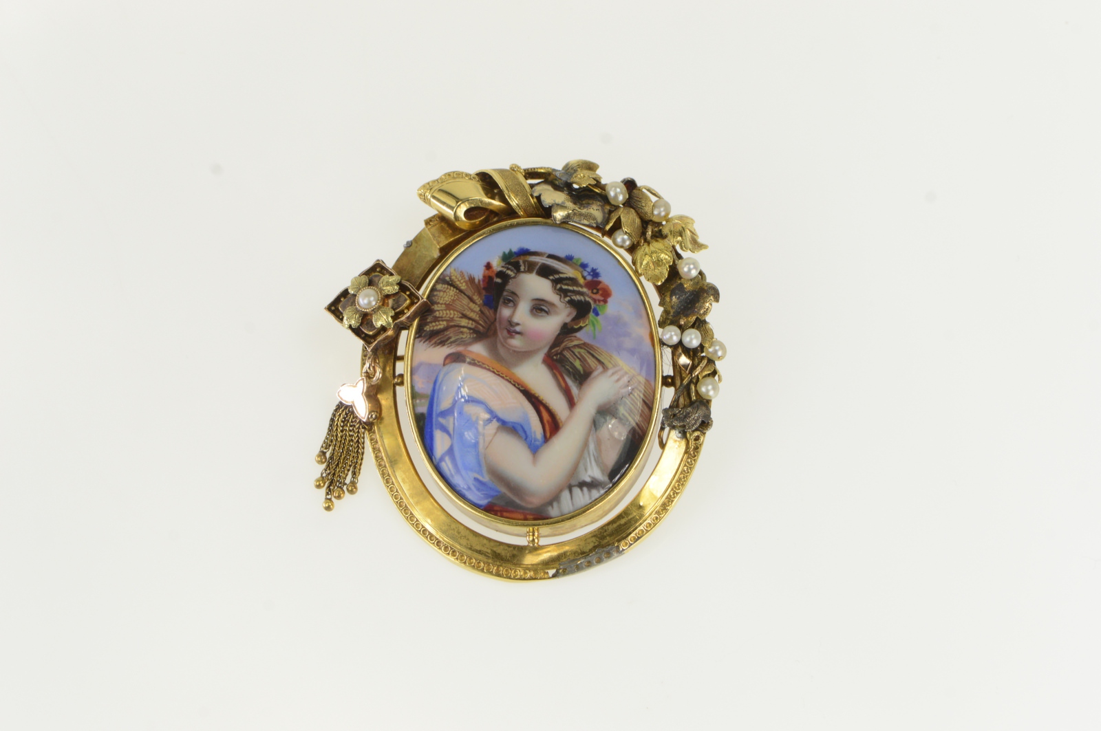 14K Victorian Painted Lady of the Harvest Yellow Gold Pin/Brooch