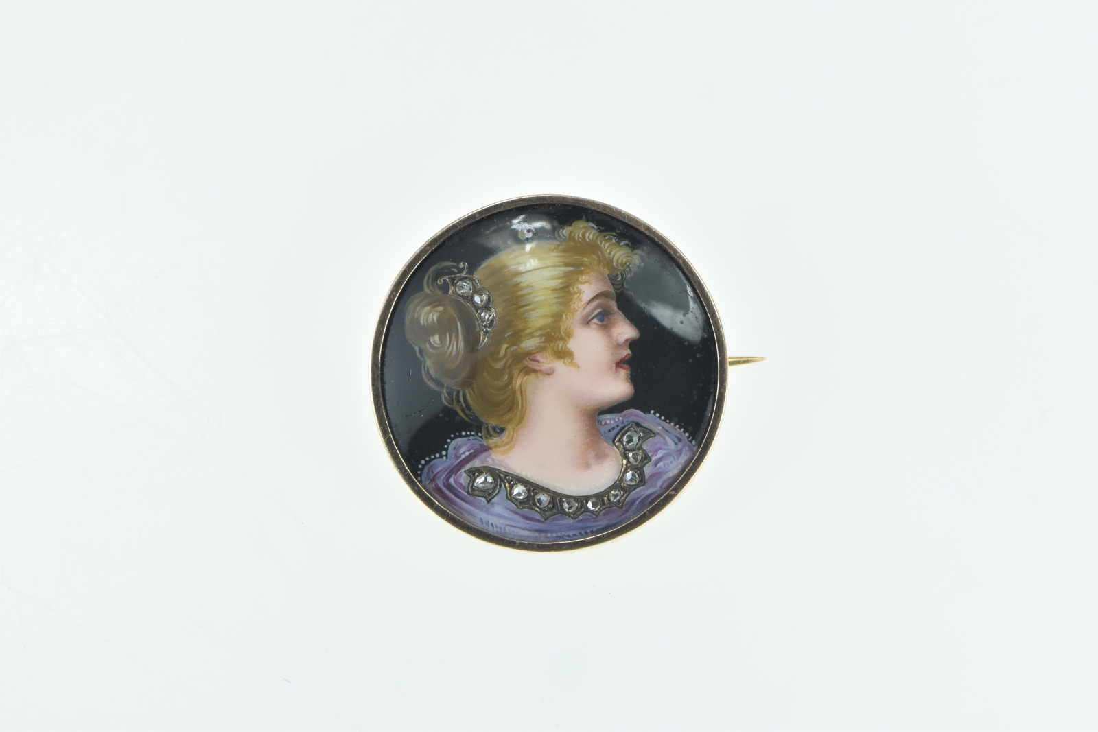 14K Victorian Painted Lady Portrait Rose Diamond Yellow Gold Pin/Brooch