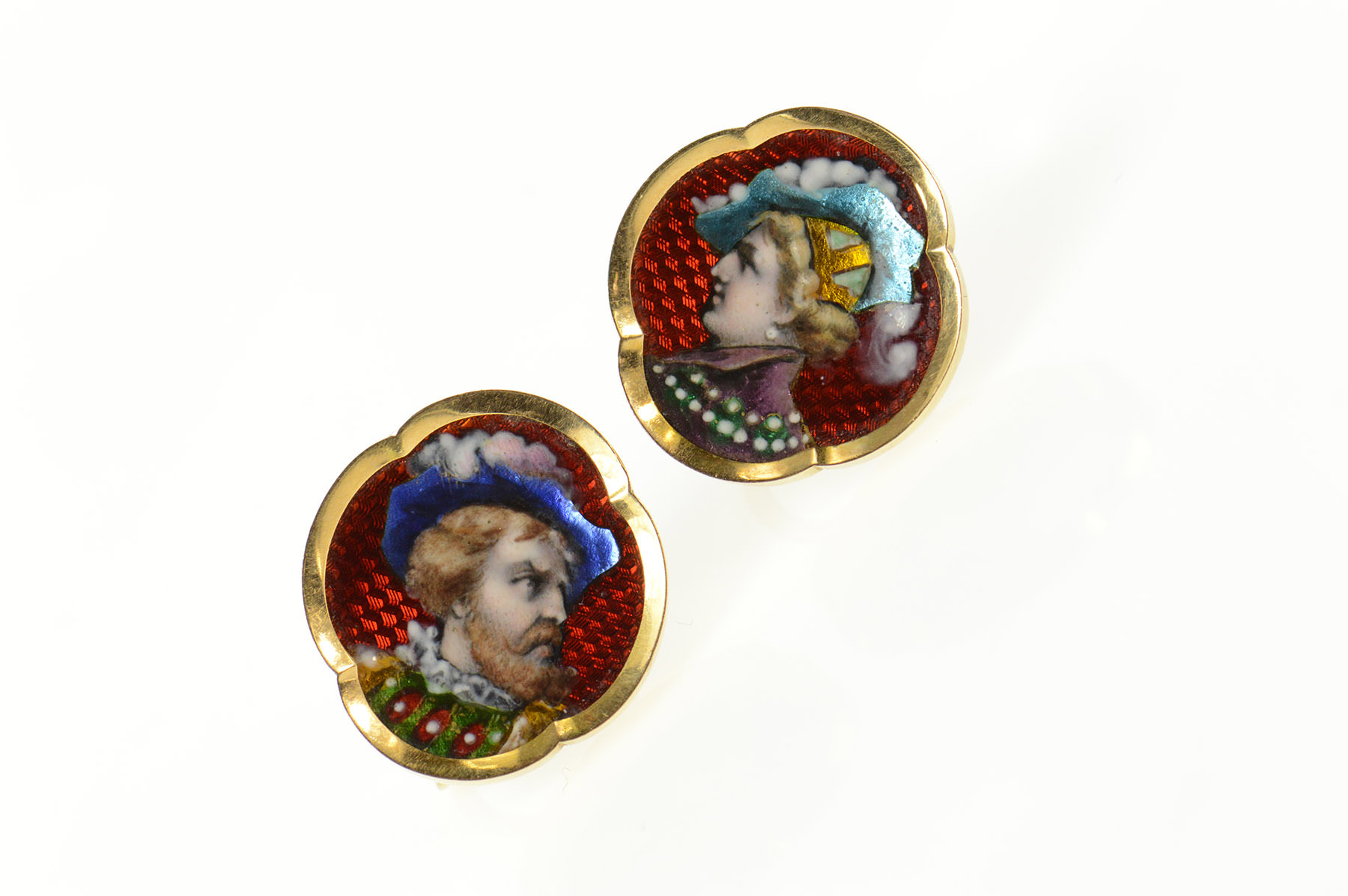 14K Victorian Painted Portrait Statement Screw Back Yellow Gold Earrings