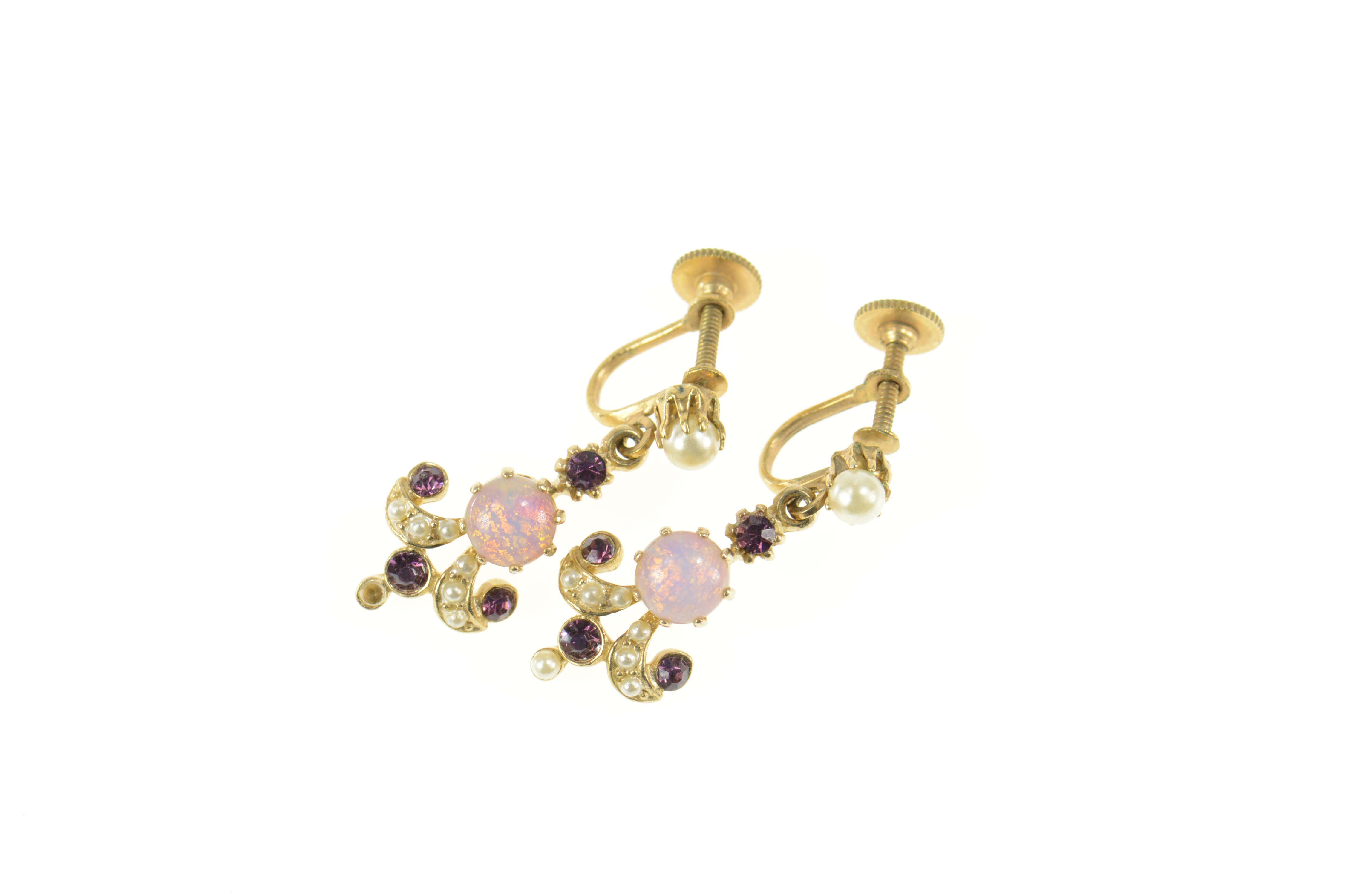 14K Victorian Pearl Amethyst Sim. Opal Dangle Yellow Gold Earrings