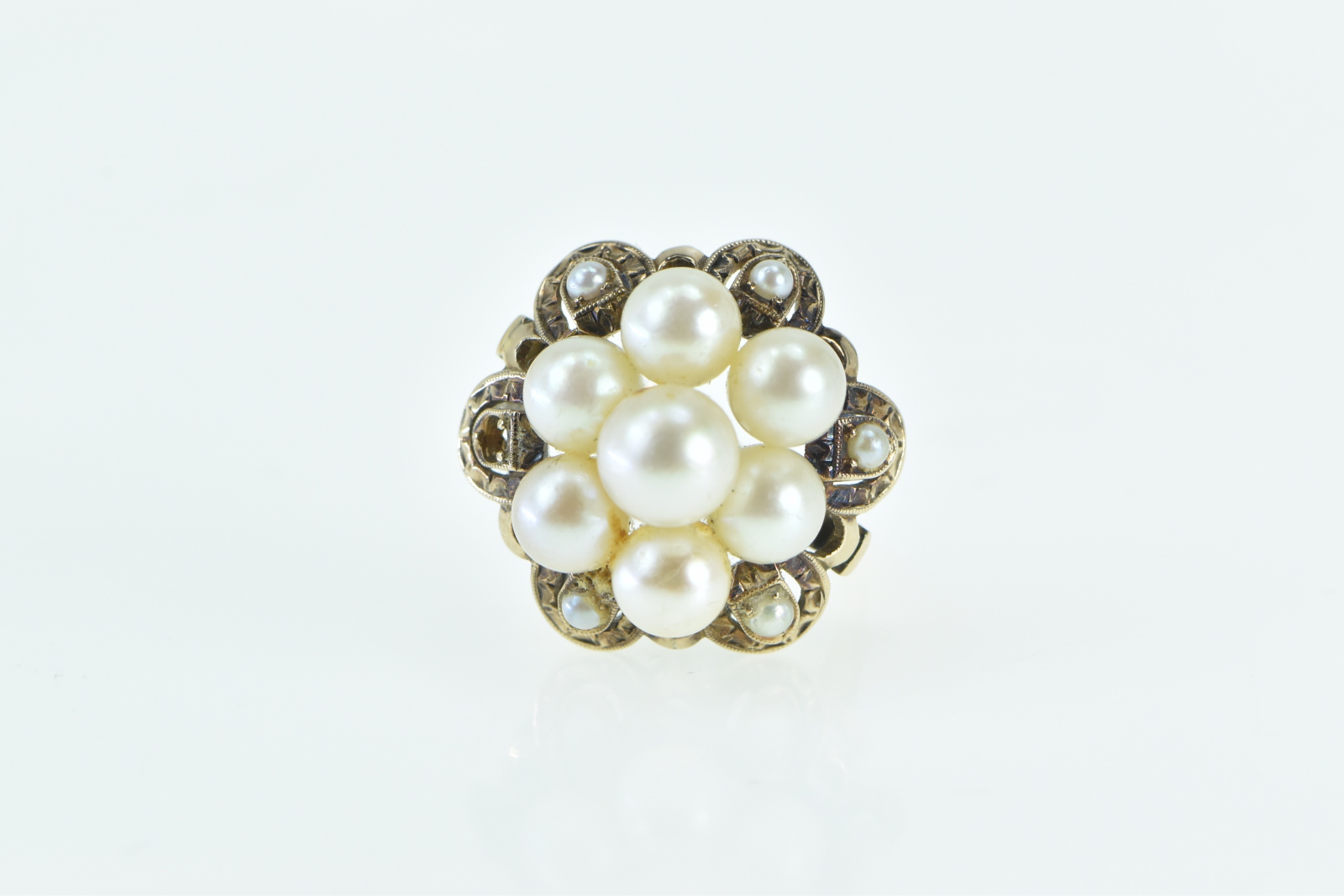 14K Victorian Pearl Enamel Vintage Cocktail Yellow Gold Ring, Size 9.75