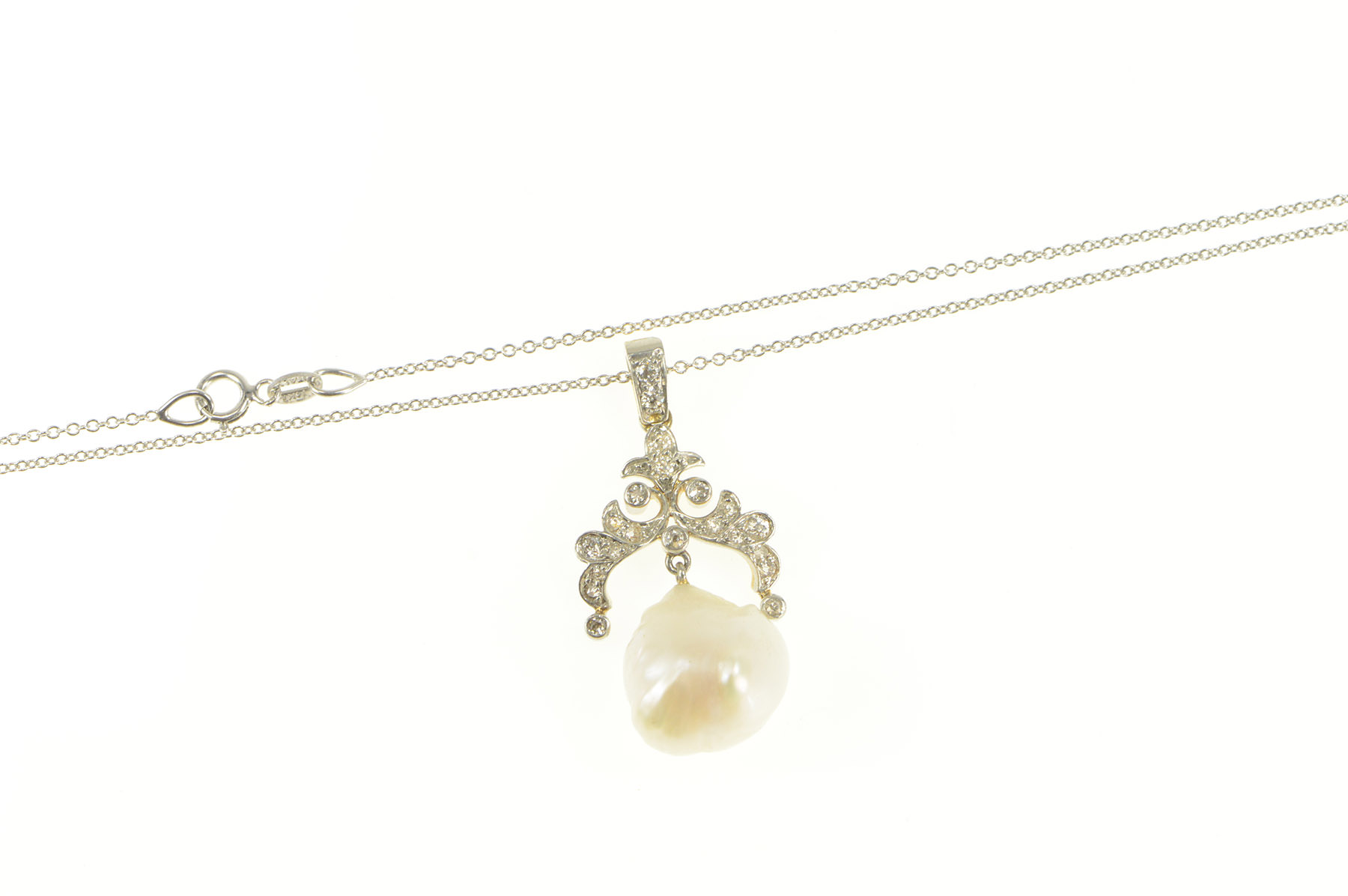 14K Victorian Pearl Ornate Diamond Statement White Gold Necklace 16"