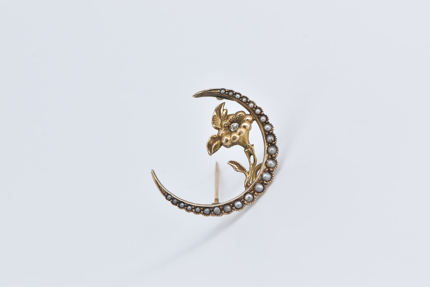 14K Victorian Rose Cut Diamond Moon Seed Pearl Yellow Gold Pin/Brooch