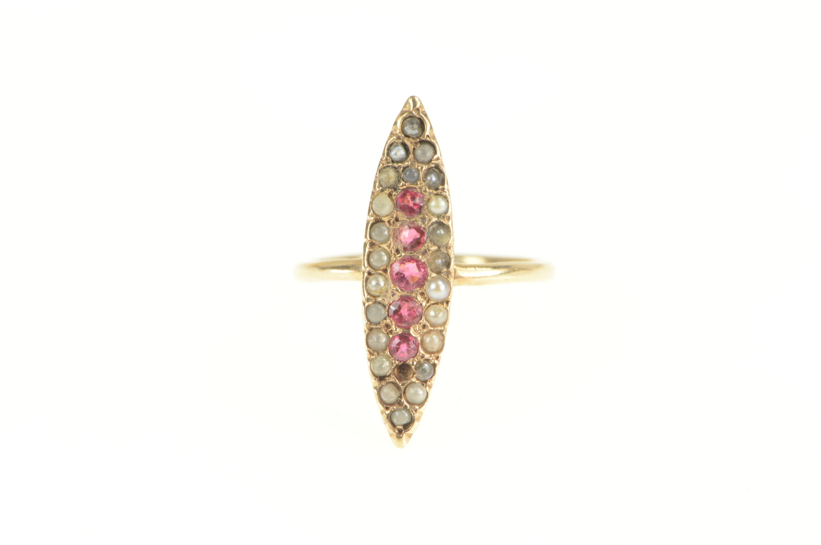 14K Victorian Ruby Seed Pearl Navette Yellow Gold Ring, Size 3.5