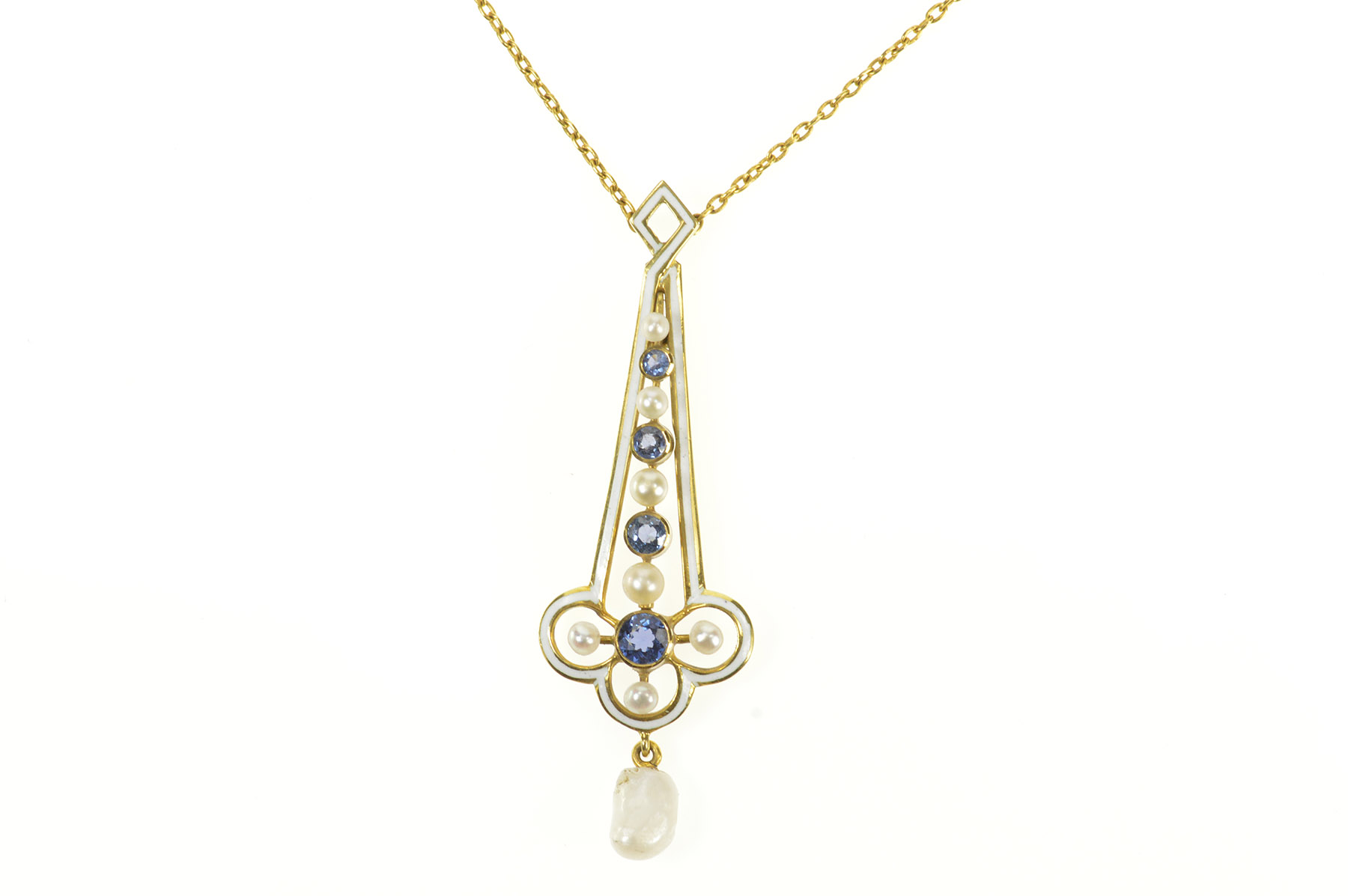 14K Victorian Sapphire Pearl Enamel Drop Yellow Gold Necklace 16.5"