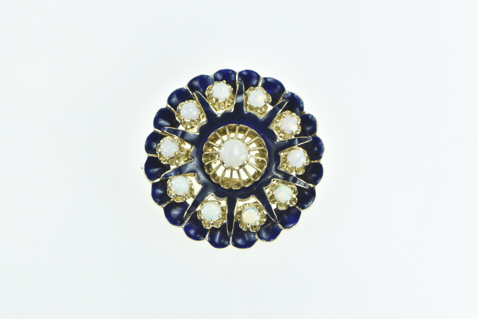 14K Victorian Scalloped Blue Enamel Opal Ornate Yellow Gold Pendant/Pin