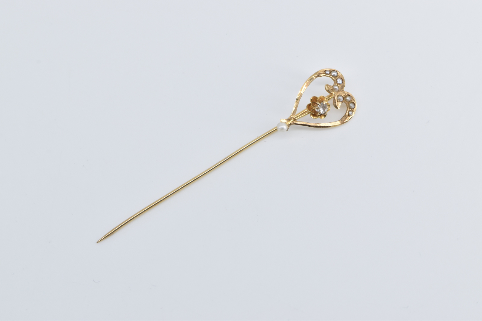 14K Victorian Seed Pearl Diamond Heart Ornate Yellow Gold Stick Pin