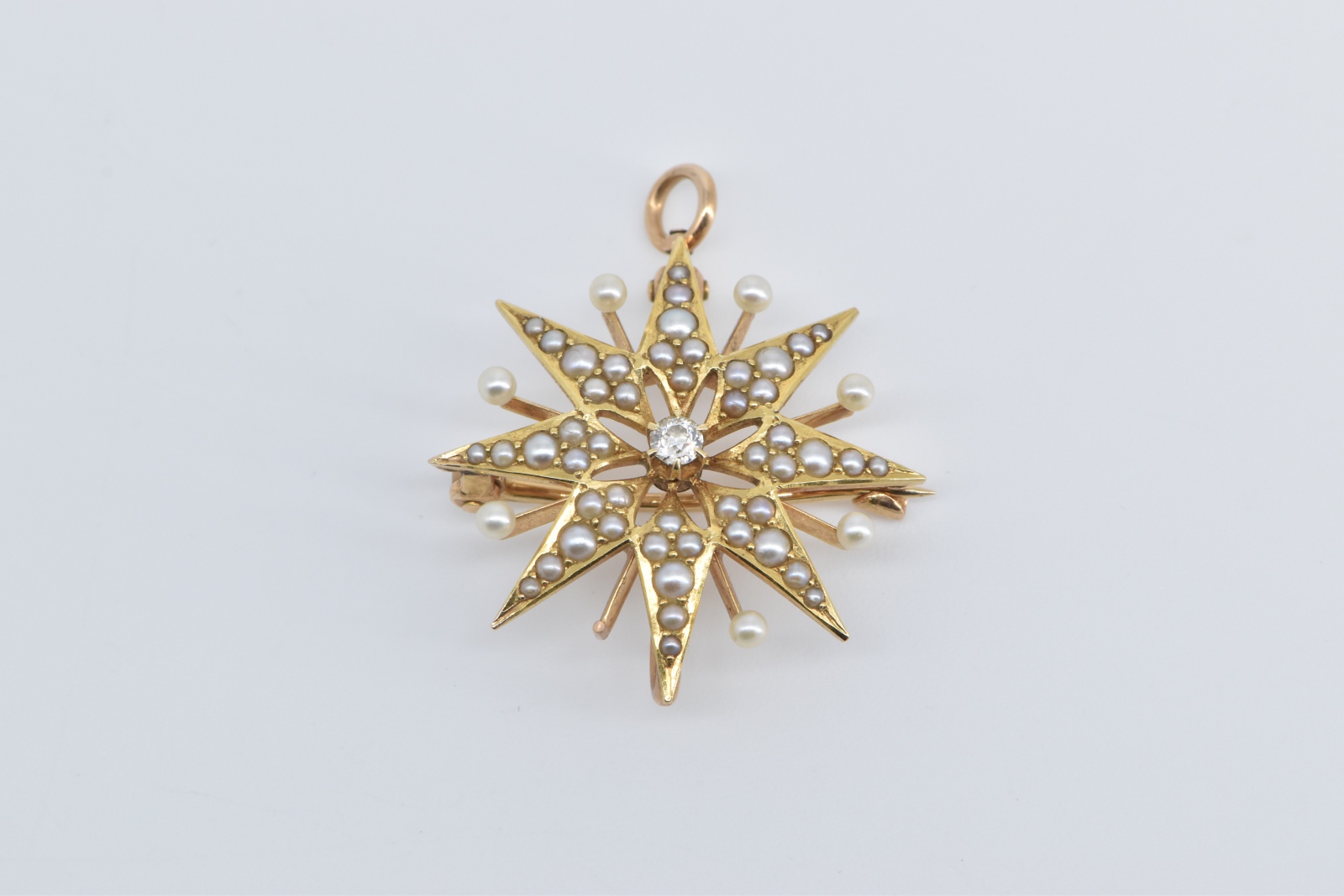 14K Victorian Seed Pearl Diamond Star Flower Yellow Gold Pendant/Pin