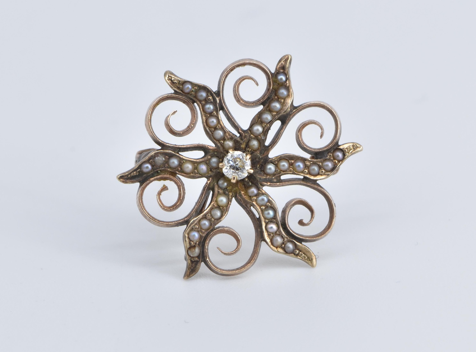 14K Victorian Seed Pearl Diamond Sun Flower Rose Gold Pin/Brooch