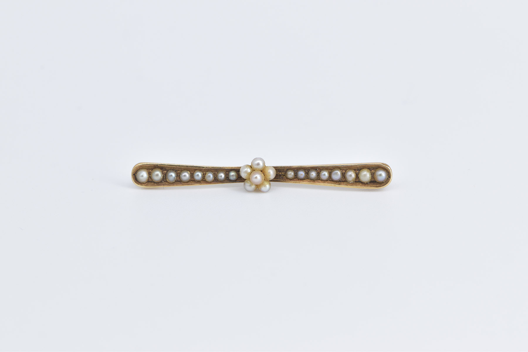 14K Victorian Seed Pearl Flower Cluster Bar Yellow Gold Pin/Brooch