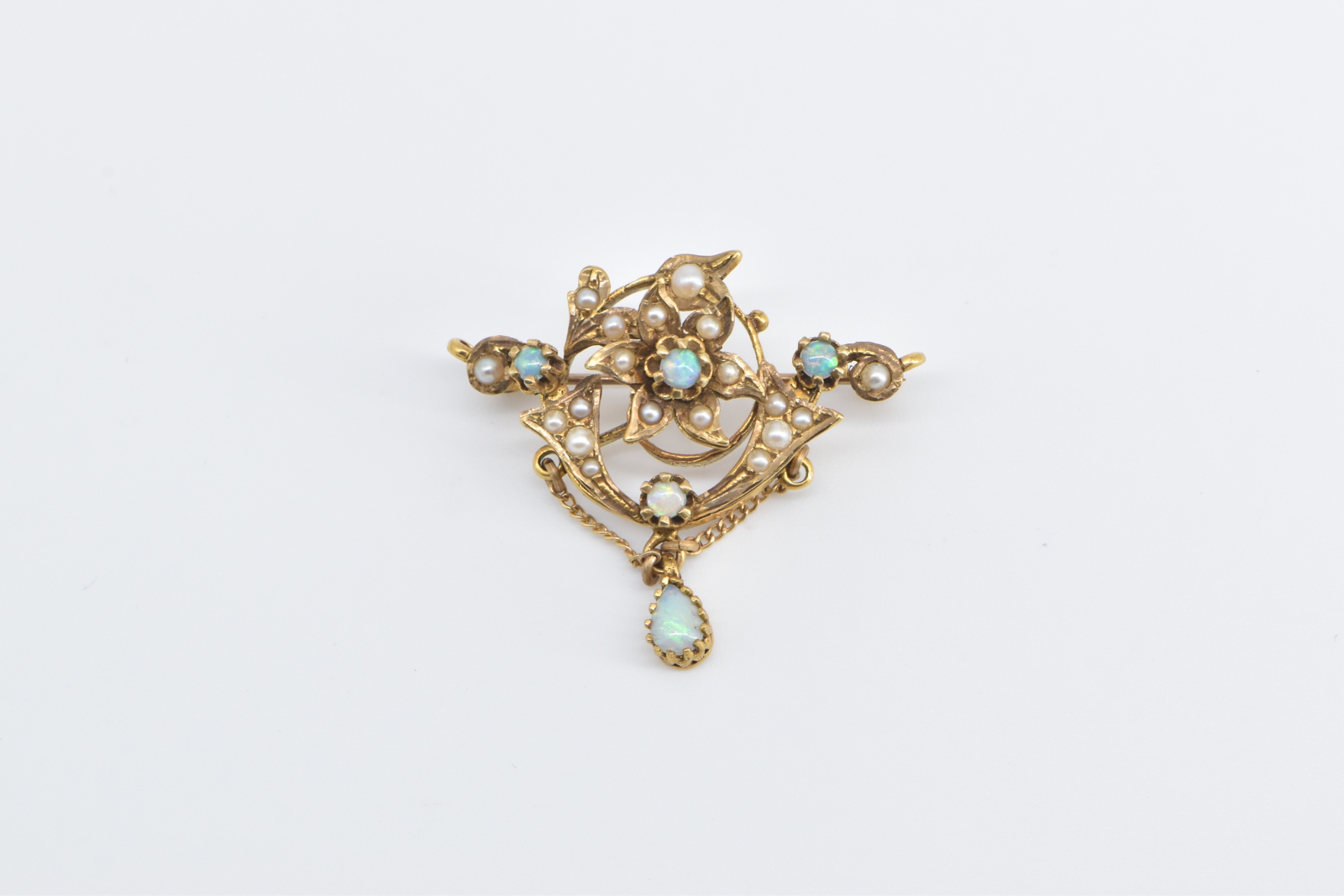 14K Victorian Seed Pearl Opal Flower Swirl Drop Yellow Gold Pendant/Pin
