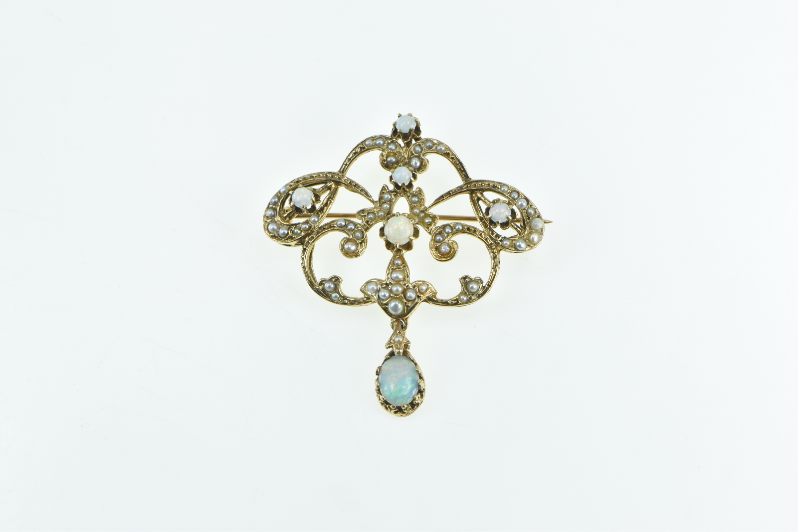 14K Victorian Seed Pearl Opal Ornate Drop Statement Yellow Gold Pendant/Pin