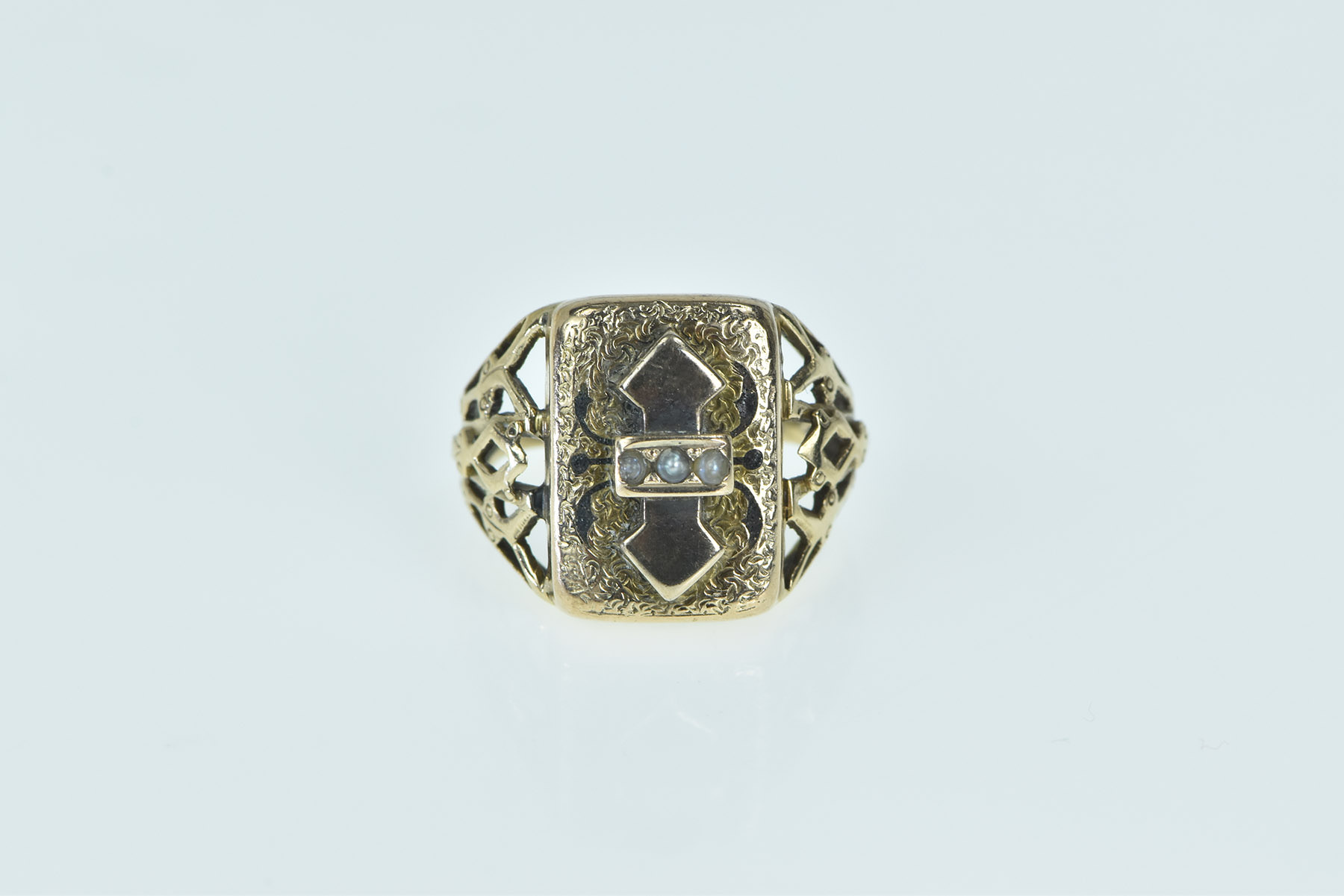 14K Victorian Seed Pearl Ornate Squared Signet Yellow Gold Ring, Size 3.25