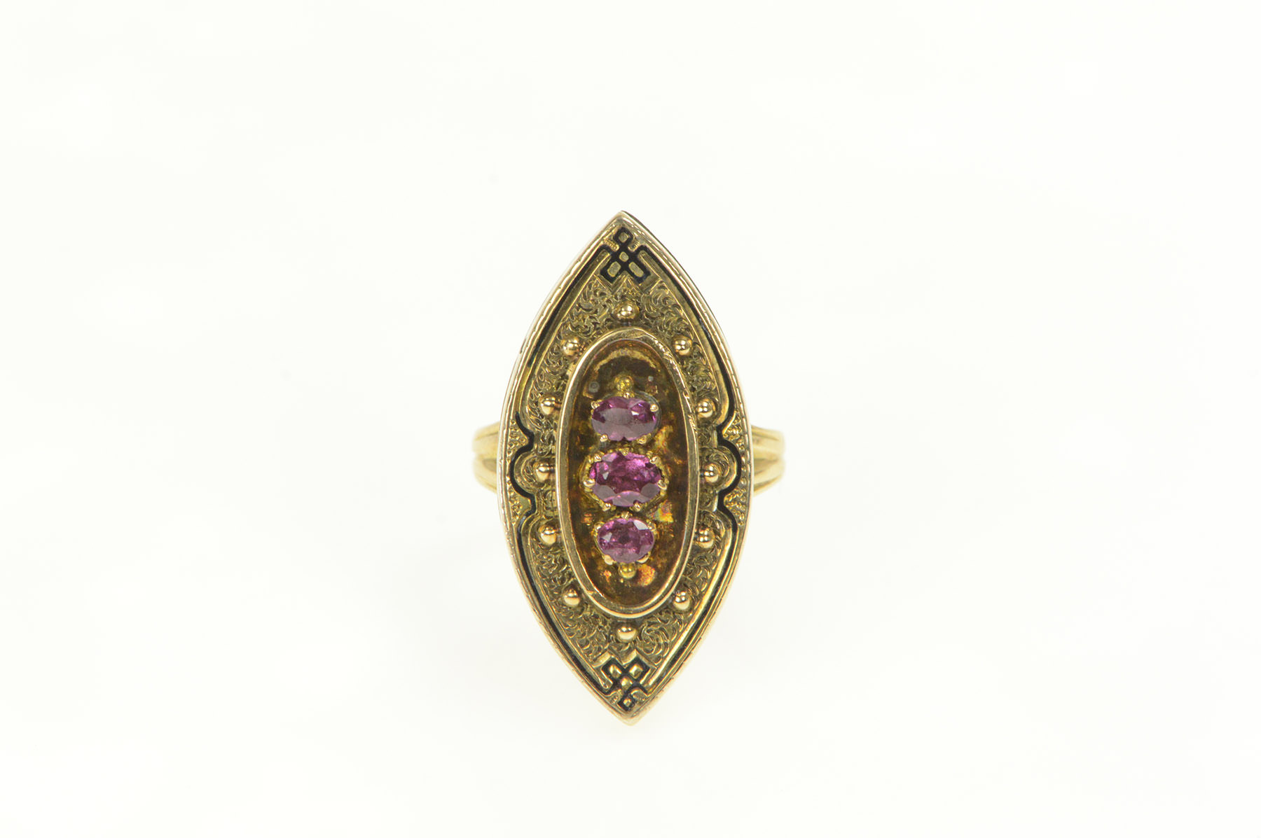 14K Victorian Tiered Rhodolite Garnet Navette Cocktail Yellow Gold Ring, Size 6