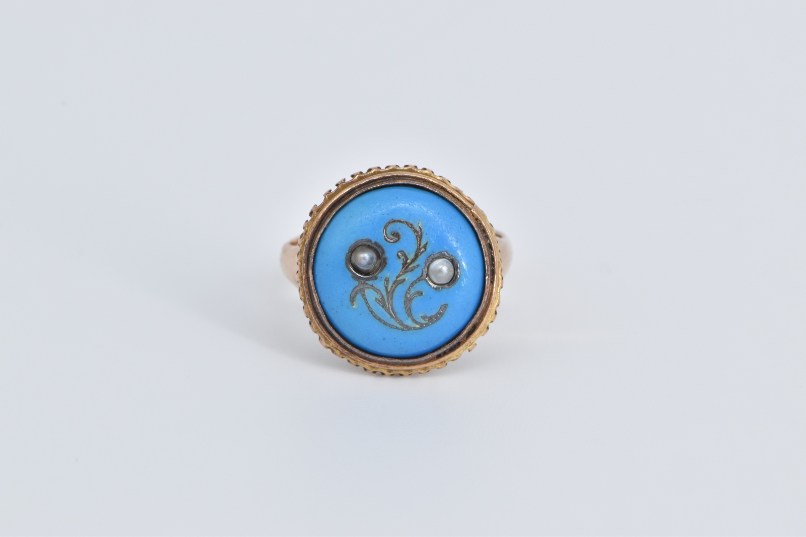 14K Victorian Turquoise Seed Pearl Swirl Statement Rose Gold Ring, Size 5.5