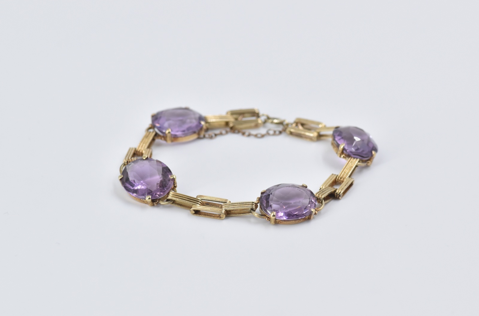 14K Vintage Amethyst Ornate Bar Chain Statement Yellow Gold Bracelet 6.25"