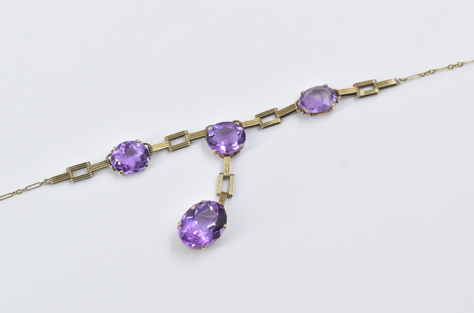 14K Vintage Amethyst Ornate Bar Paperclip Chain Yellow Gold Necklace 14.5"