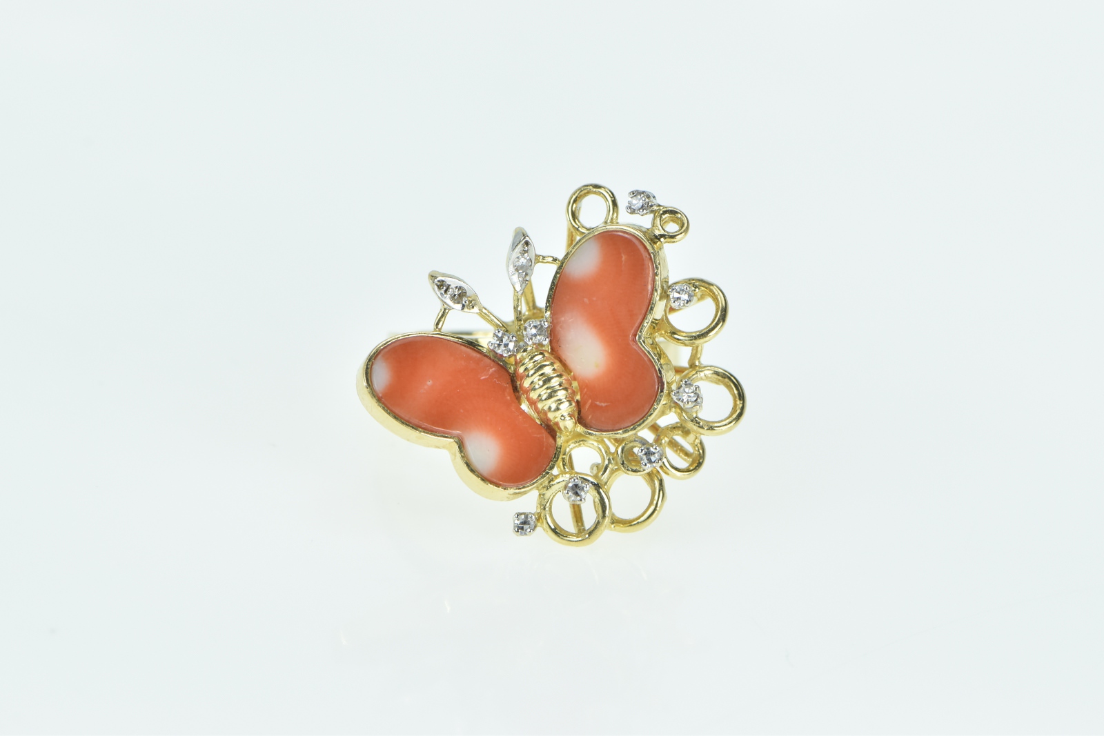 14K Vintage Coral Diamond Butterfly Statement Yellow Gold Ring, Size 6.75