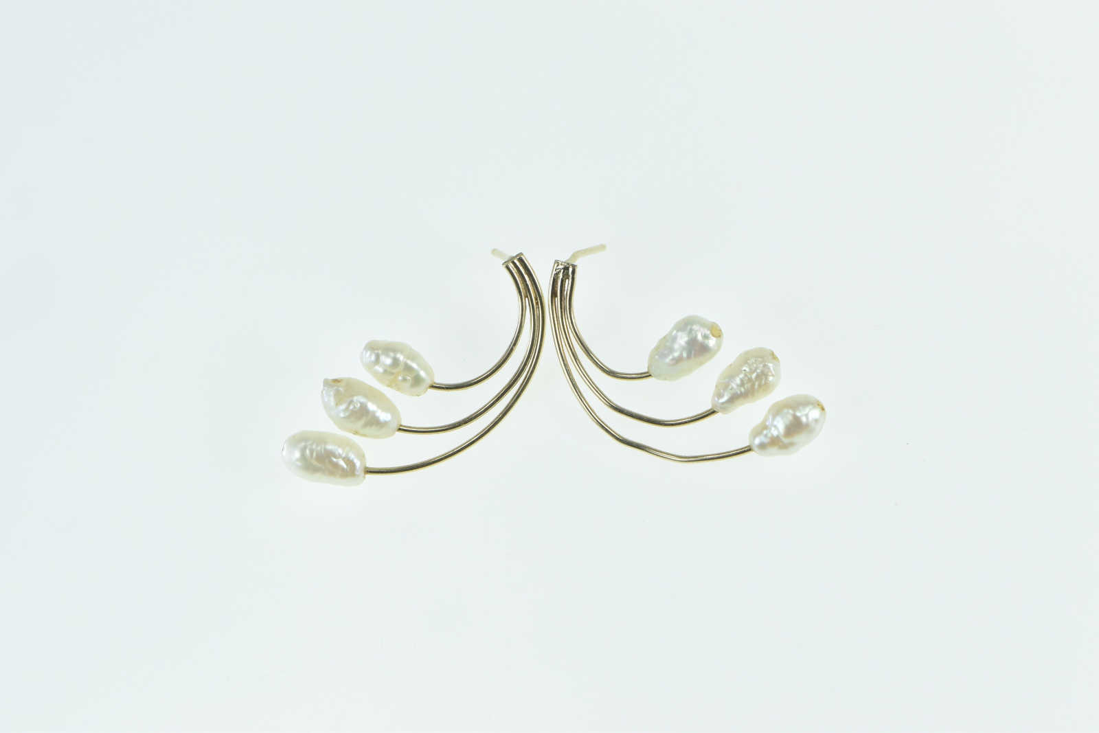 14K Vintage Curved Baroque Pearl Drop Yellow Gold Earrings