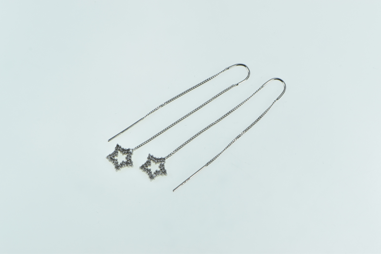 14K Vintage Diamond Star Dangle Chain Through Ear White Gold Earrings