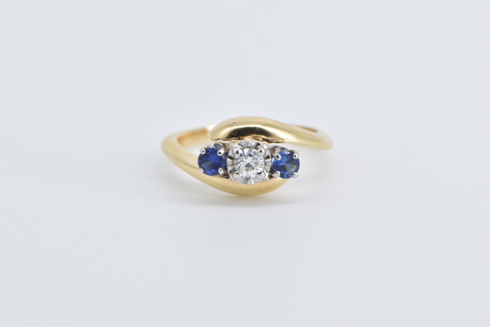 14K Vintage Diamond Tanzanite Freeform Bypass Yellow Gold Ring, Size 4