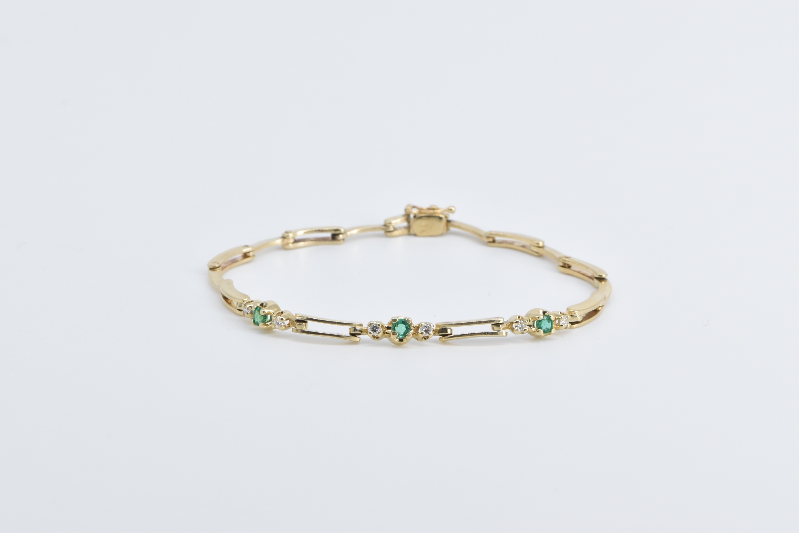 14K Vintage Emerald Diamond Accent Bar Link Yellow Gold Bracelet 6.75"
