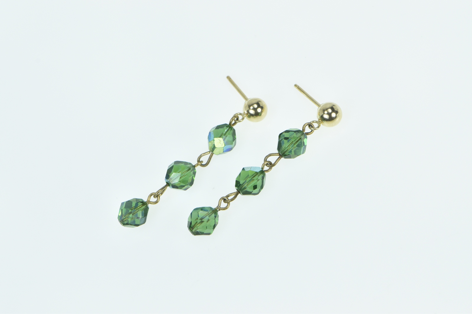 14K Vintage Green Glass Beaded Chain Dangle Yellow Gold Earrings