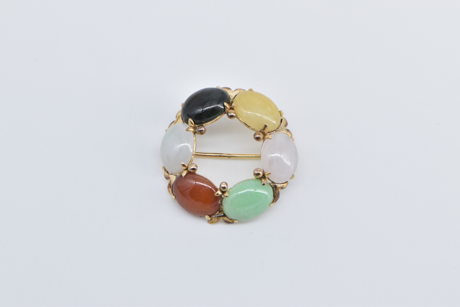 14K Vintage Jadeite Cabochon Round Fashion Yellow Gold Pin/Brooch
