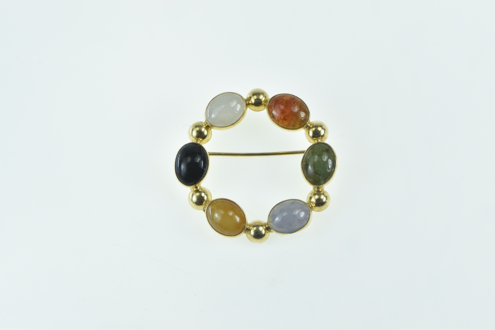 14K Vintage Multi Stone Cabochon Circle Yellow Gold Pin/Brooch