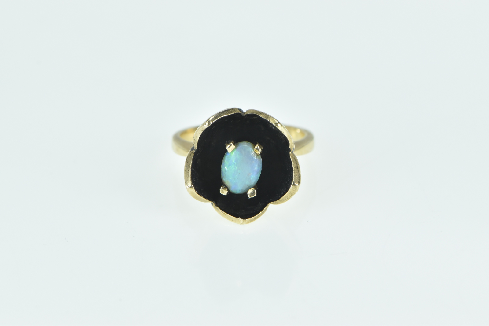 14K Vintage Natural Opal Ornate Tulip Flower Yellow Gold Ring, Size 5.75