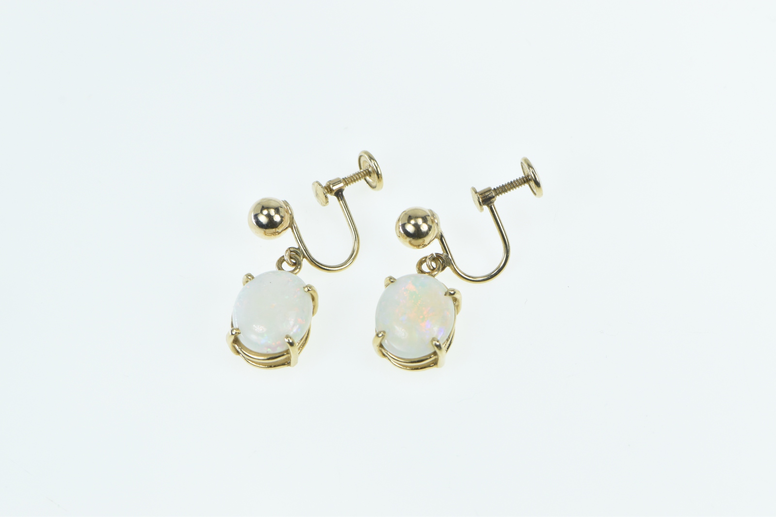14K Vintage Oval Natural Opal Screw Back Statement Yellow Gold Earrings