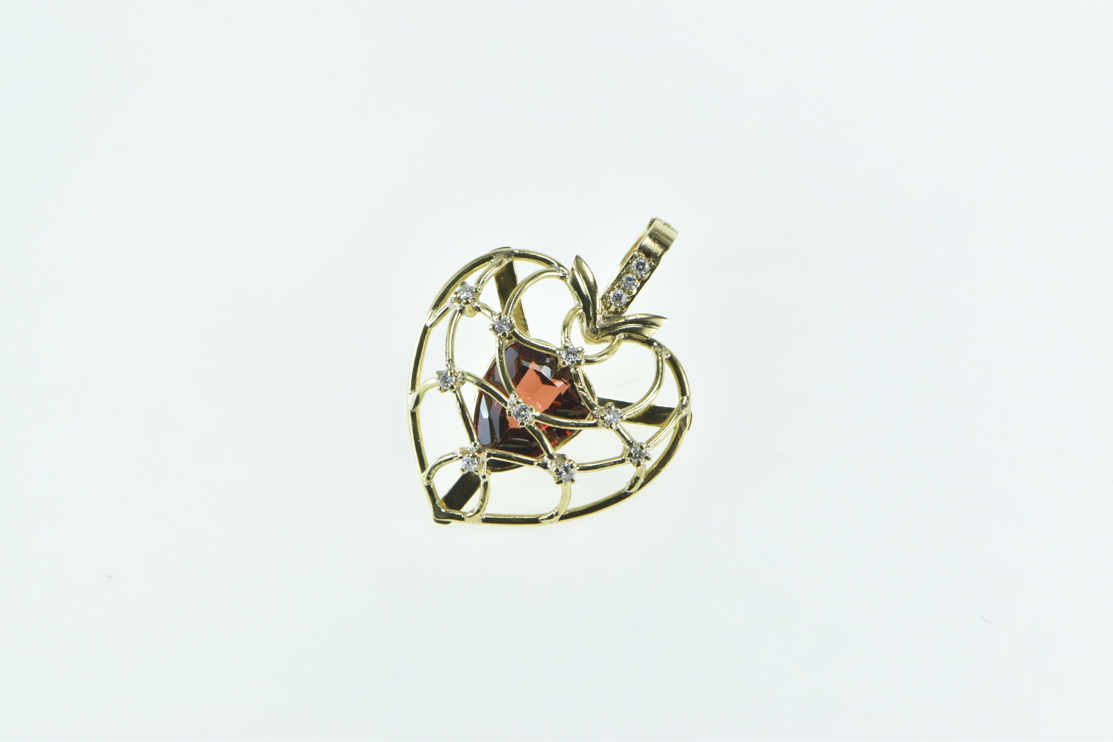 14K Vintage Pear Garnet Diamond Caged Heart Love Yellow Gold Pendant