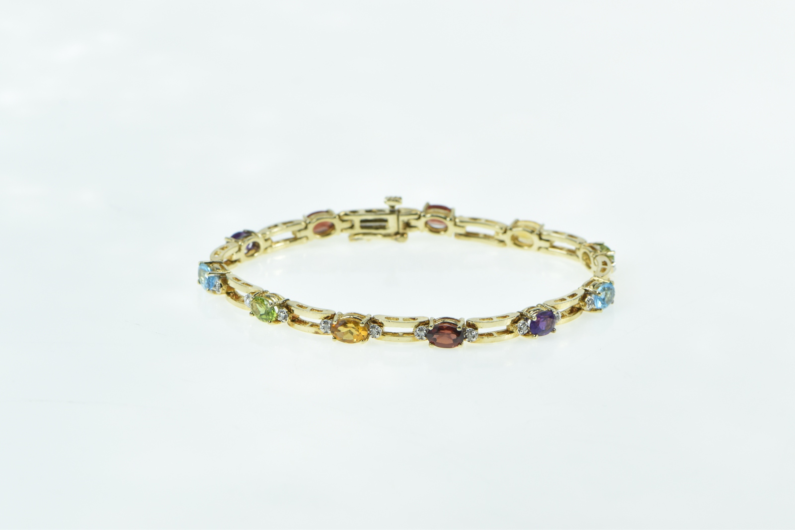 14K Vintage Rainbow Gemstone Diamond Bar Link Yellow Gold Bracelet 7"