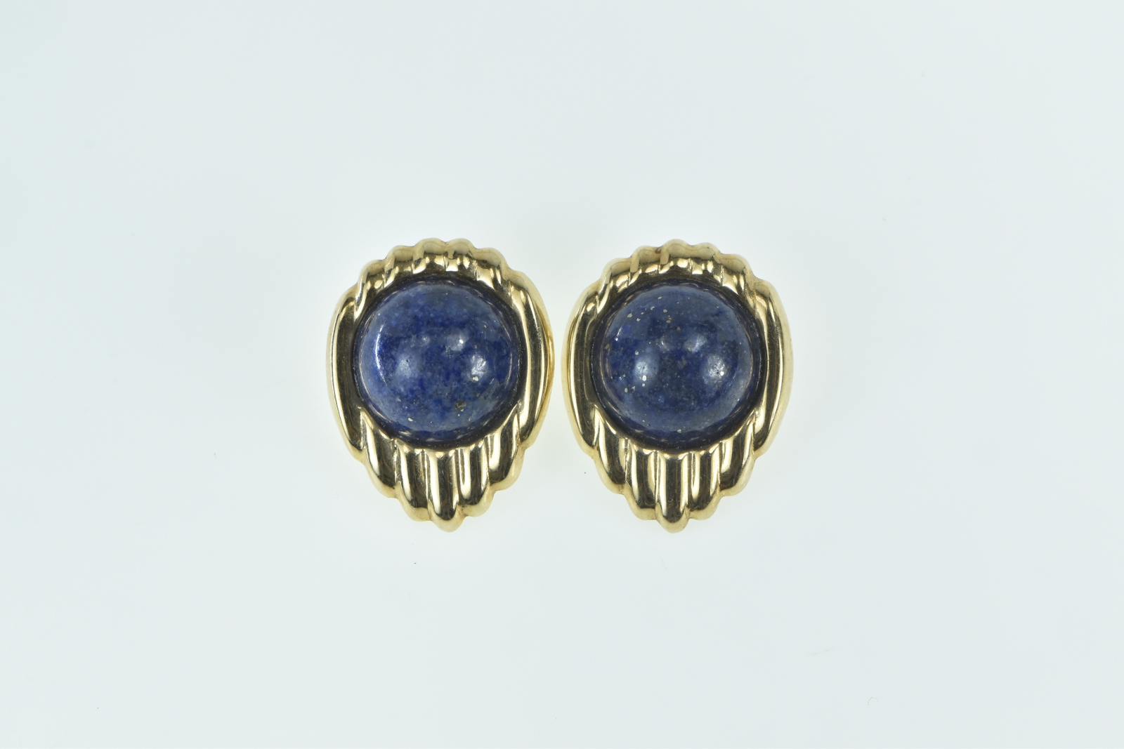 14K Vintage Round Lapis Lazuli Cabochon Yellow Gold Earrings