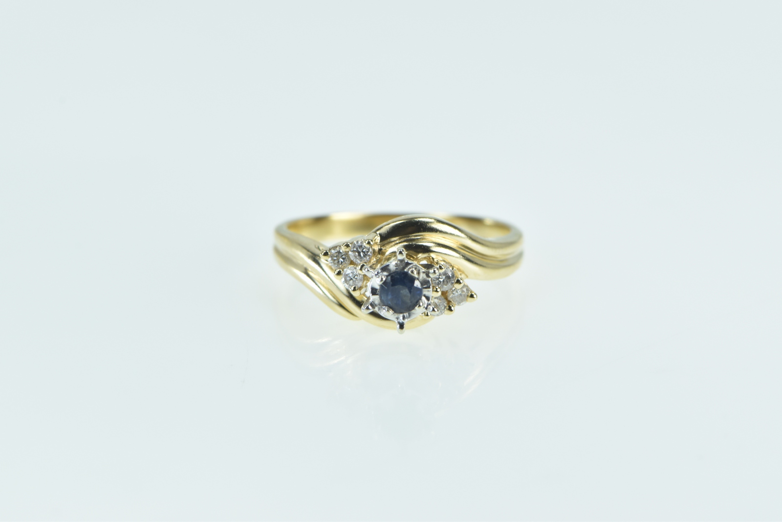 14K Vintage Sapphire Diamond Cluster Bypass Yellow Gold Ring, Size 6