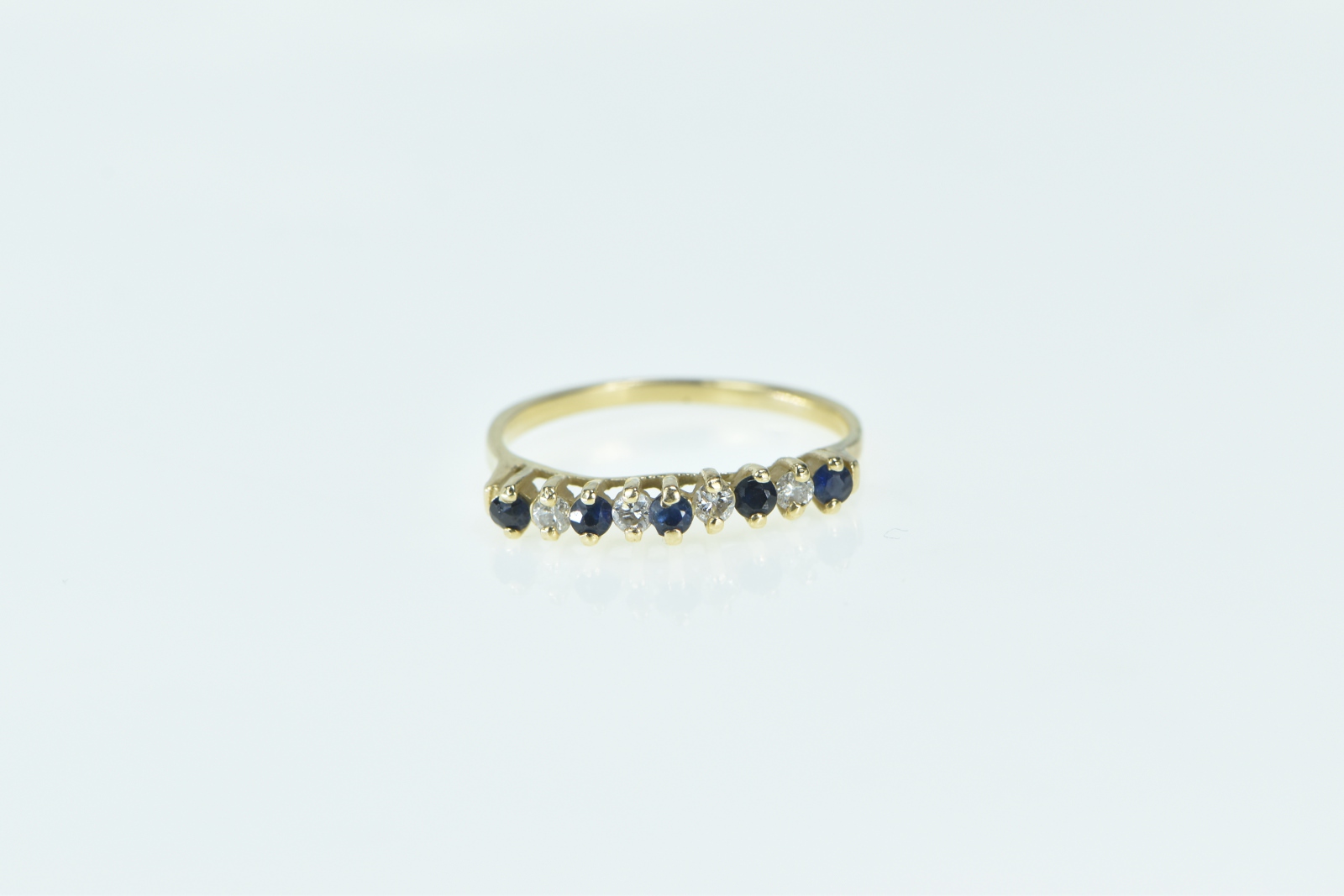 14K Vintage Sapphire Diamond Wavy Wedding Band Yellow Gold Ring, Size 6.75