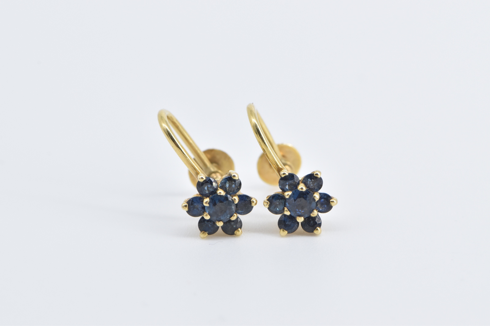 14K Vintage Sapphire Flower Cluster Screw Back Yellow Gold Earrings