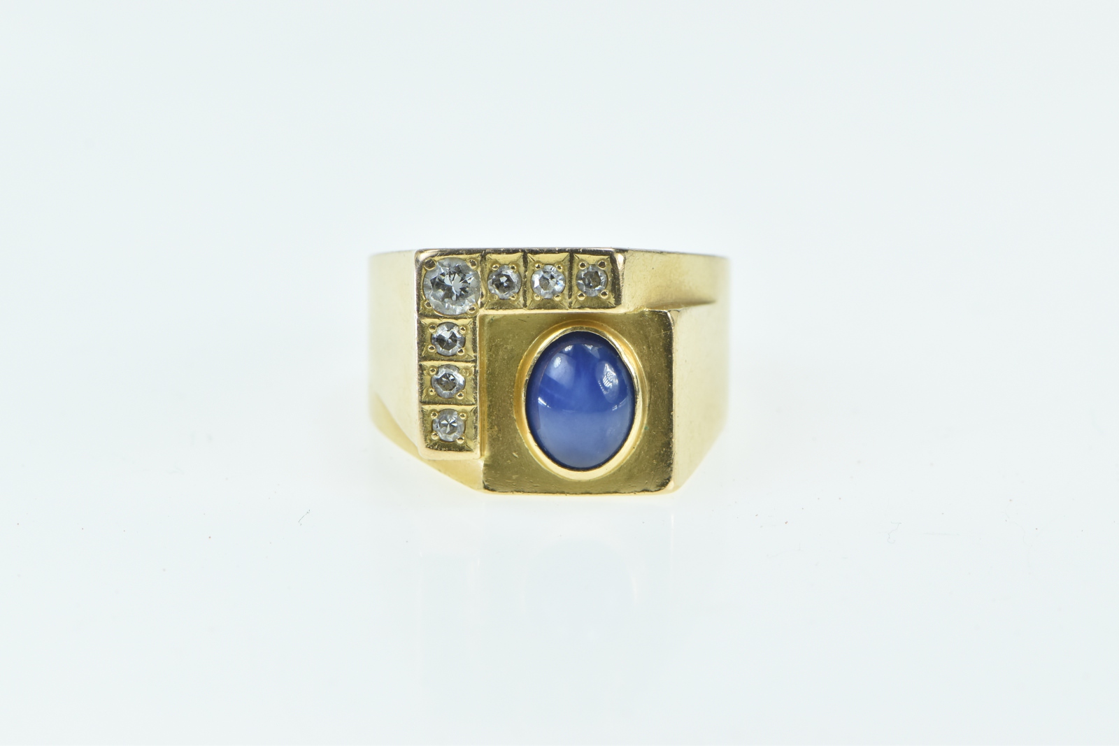 14K Vintage Squared Diamond Syn. Sapphire Yellow Gold Ring, Size 11.25